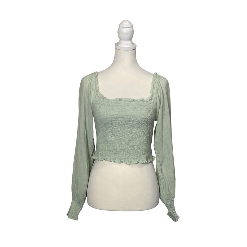 Aerie Smocked Mint Green Long Sleeve Crop Top Medium Cottagecore Boho Peasant